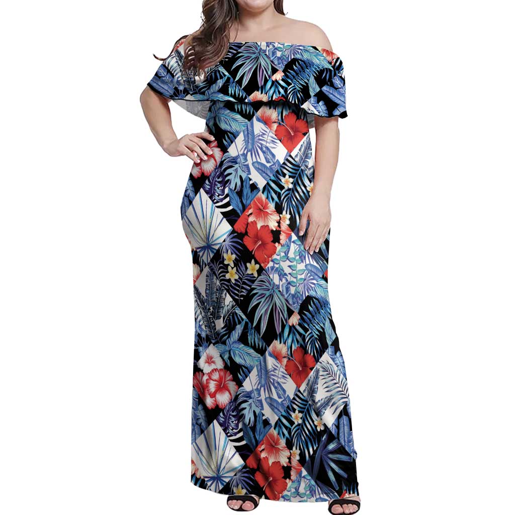 Hawaii Tropicana Blue Pattern Off Shoulder Maxi Dress - Wonder Print Shop