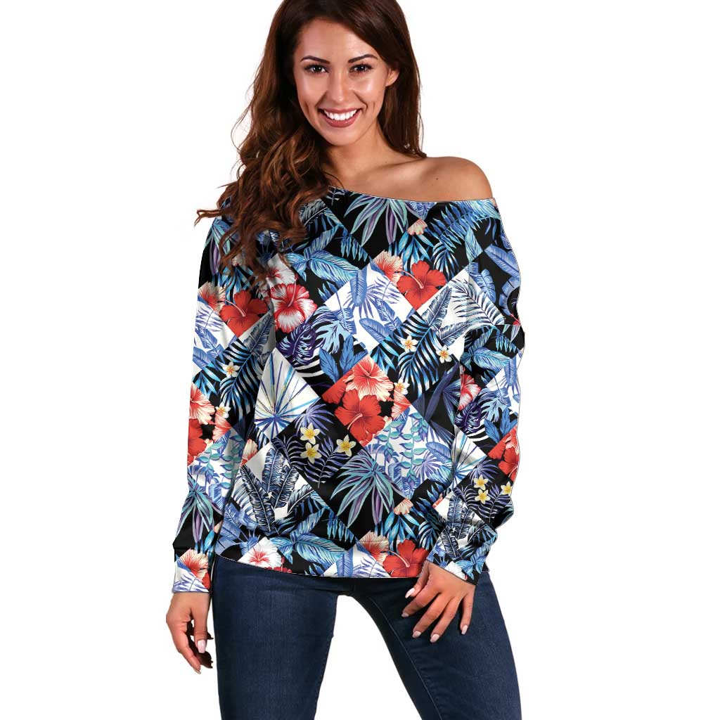 Hawaii Tropicana Blue Pattern Off Shoulder Sweater - Wonder Print Shop