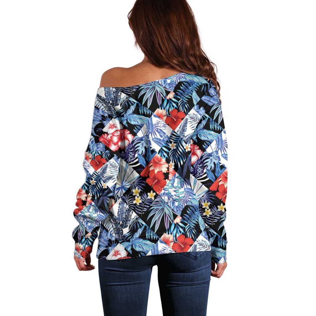 Hawaii Tropicana Blue Pattern Off Shoulder Sweater - Wonder Print Shop