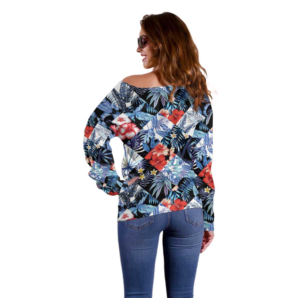 Hawaii Tropicana Blue Pattern Off Shoulder Sweater - Wonder Print Shop