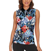 Hawaii Tropicana Blue Pattern Women Sleeveless Polo Shirt - Wonder Print Shop