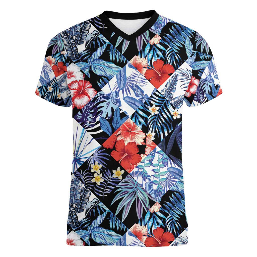 Hawaii Tropicana Blue Pattern Women V-Neck T-Shirt - Wonder Print Shop