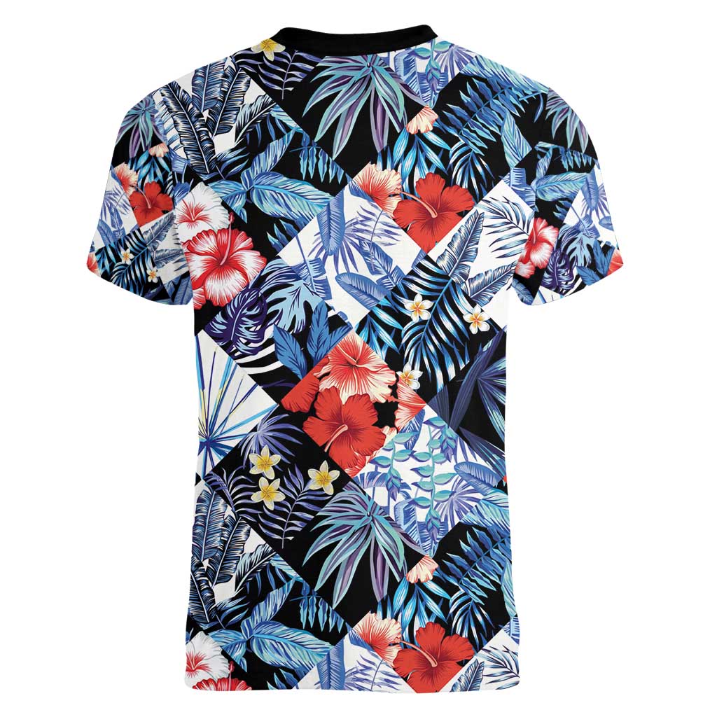 Hawaii Tropicana Blue Pattern Women V-Neck T-Shirt - Wonder Print Shop