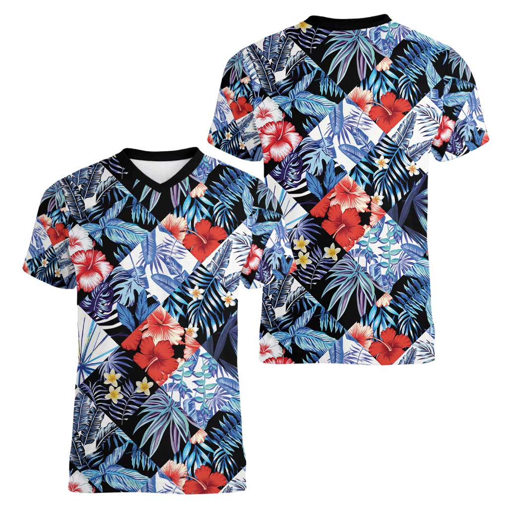 Hawaii Tropicana Blue Pattern Women V-Neck T-Shirt - Wonder Print Shop
