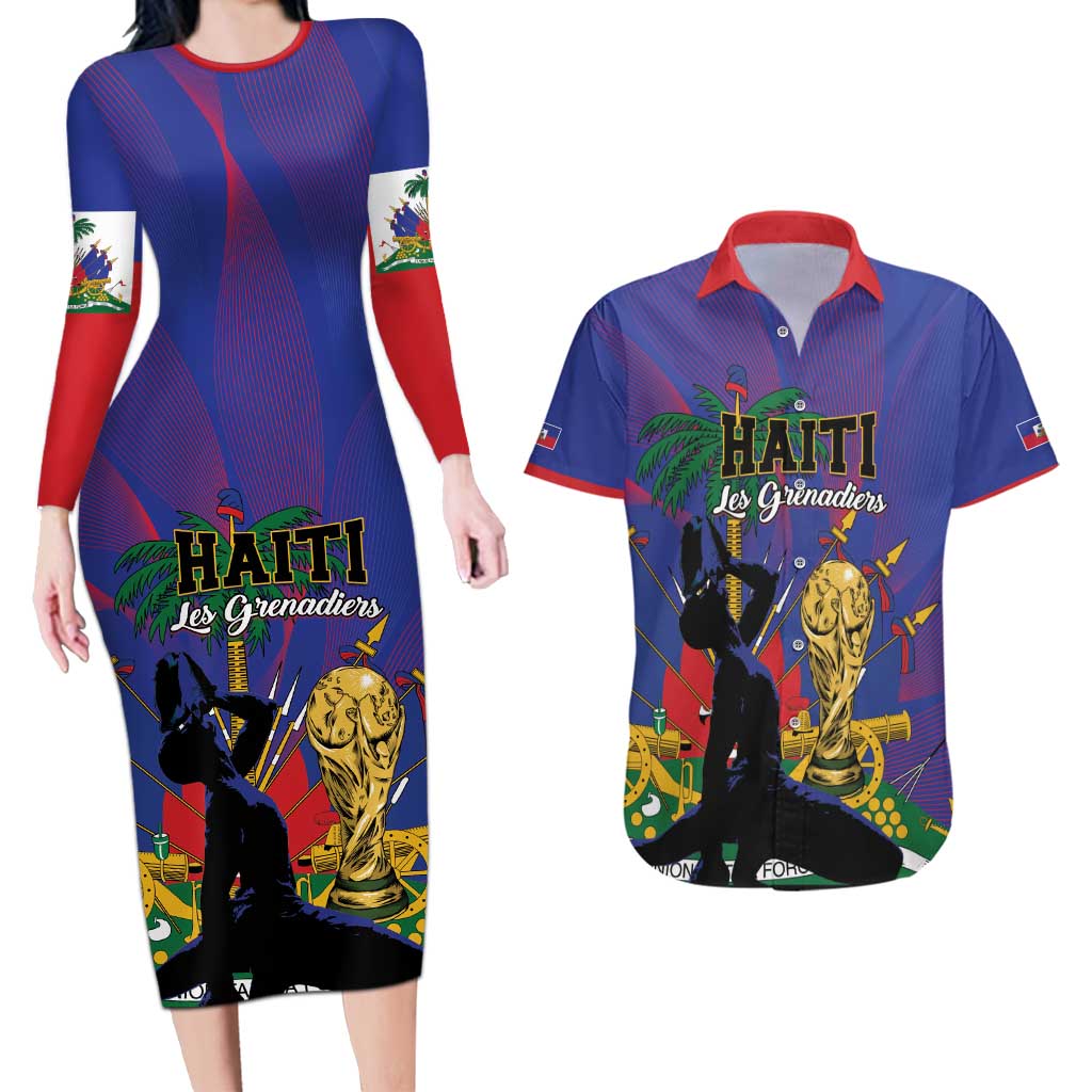 Custom Haiti World Football 2026 Couples Matching Long Sleeve Bodycon Dress and Hawaiian Shirt Go Les Grenadiers - Wonder Print Shop