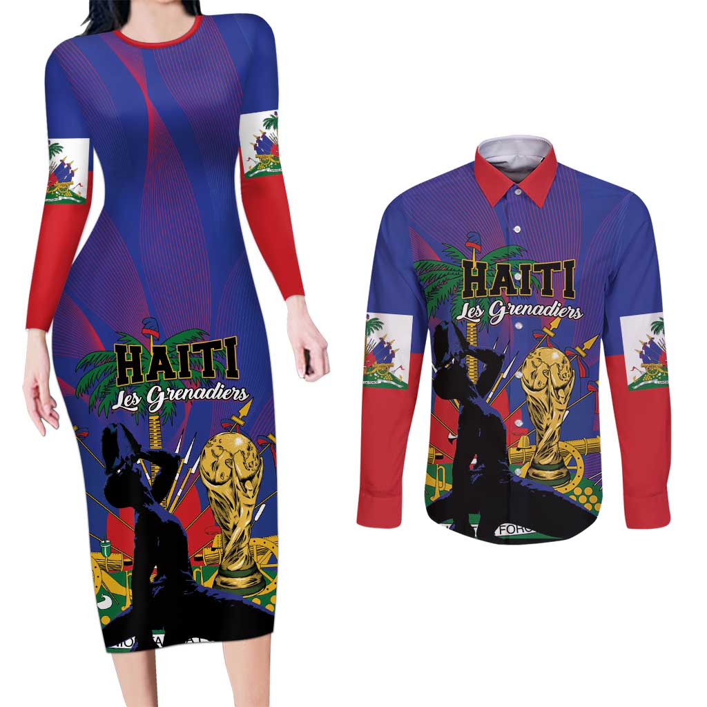 Custom Haiti World Football 2026 Couples Matching Long Sleeve Bodycon Dress and Long Sleeve Button Shirt Go Les Grenadiers - Wonder Print Shop