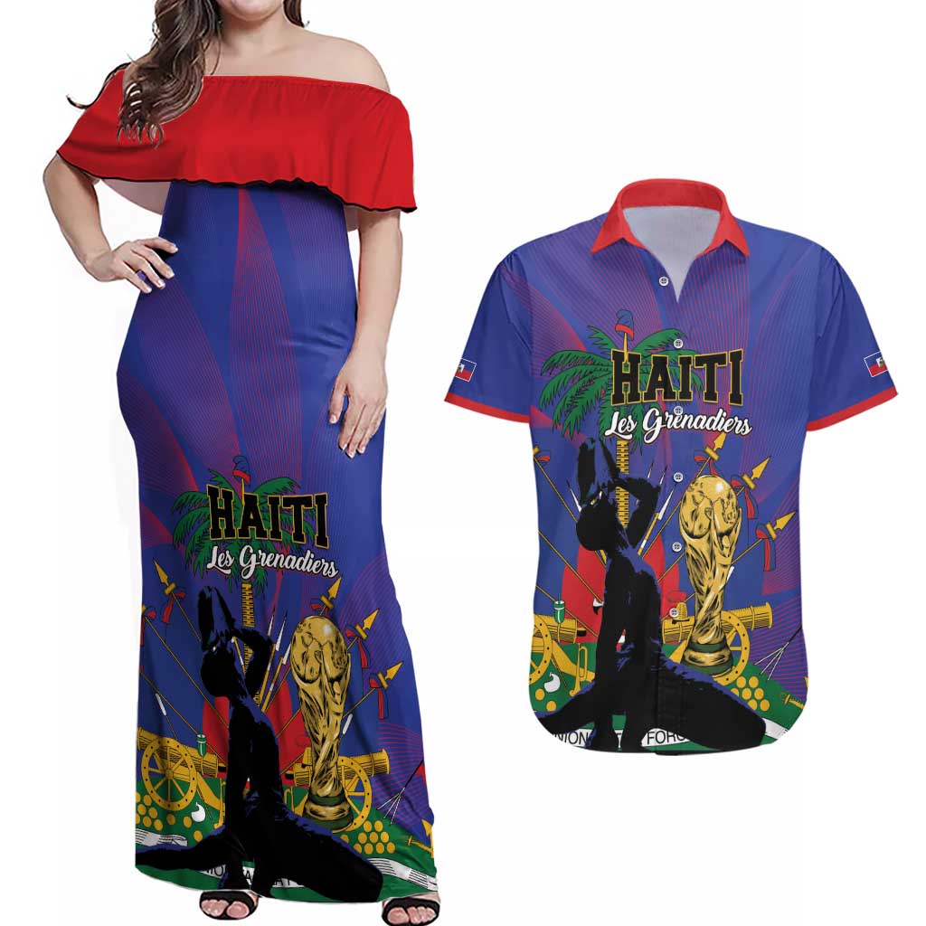Custom Haiti World Football 2026 Couples Matching Off Shoulder Maxi Dress and Hawaiian Shirt Go Les Grenadiers - Wonder Print Shop