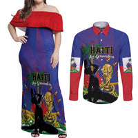 Custom Haiti World Football 2026 Couples Matching Off Shoulder Maxi Dress and Long Sleeve Button Shirt Go Les Grenadiers - Wonder Print Shop