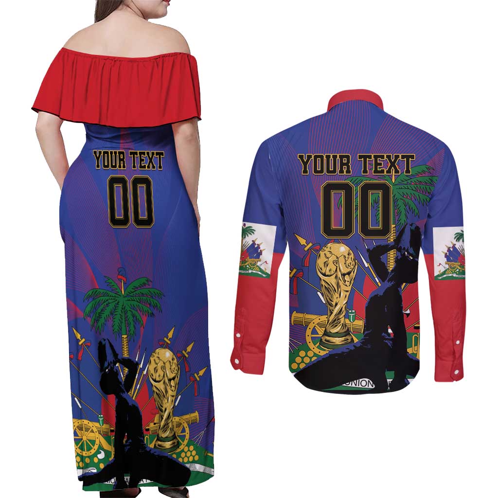 Custom Haiti World Football 2026 Couples Matching Off Shoulder Maxi Dress and Long Sleeve Button Shirt Go Les Grenadiers - Wonder Print Shop