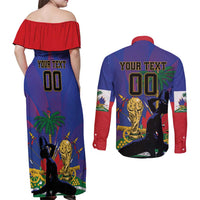 Custom Haiti World Football 2026 Couples Matching Off Shoulder Maxi Dress and Long Sleeve Button Shirt Go Les Grenadiers - Wonder Print Shop