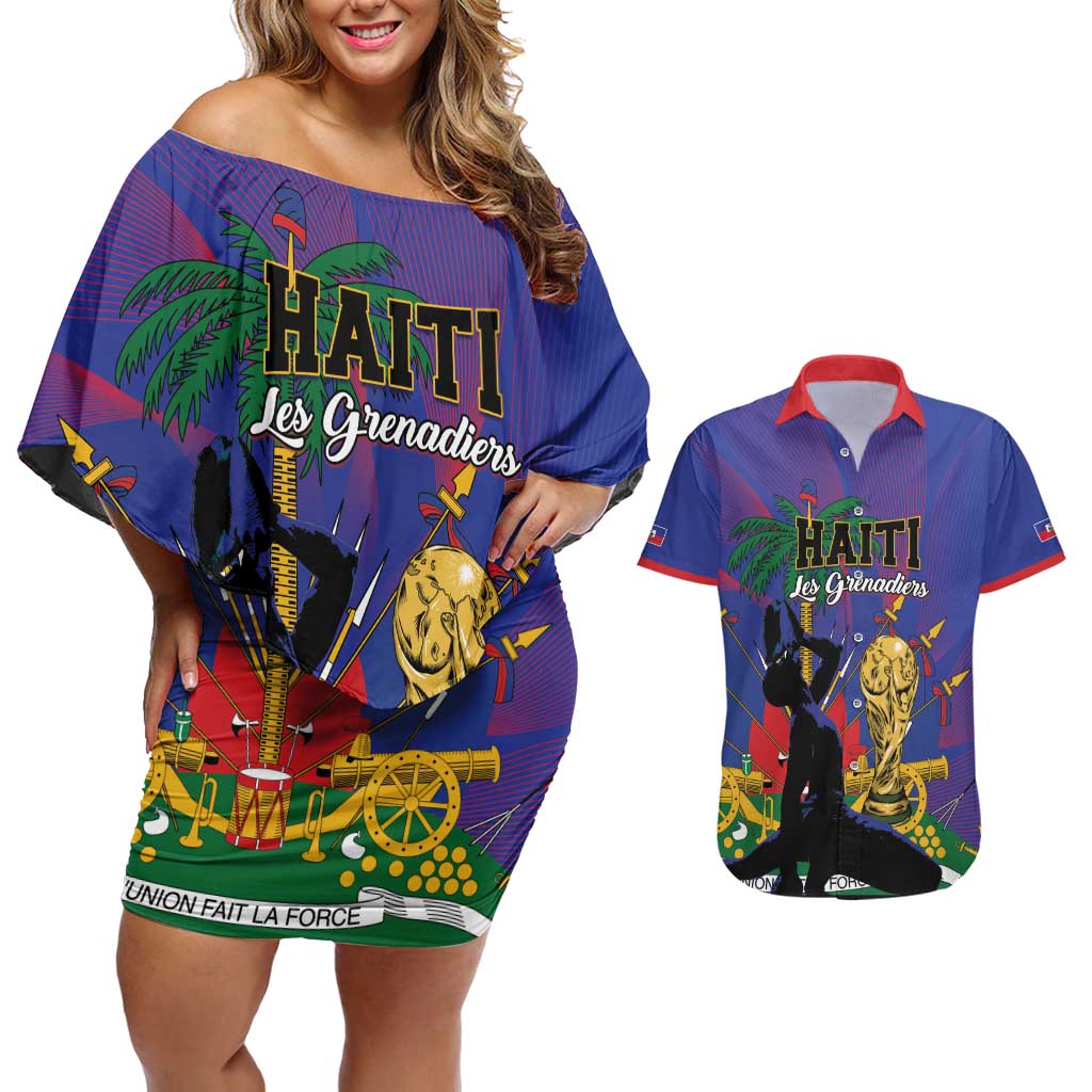 Custom Haiti World Football 2026 Couples Matching Off Shoulder Short Dress and Hawaiian Shirt Go Les Grenadiers - Wonder Print Shop