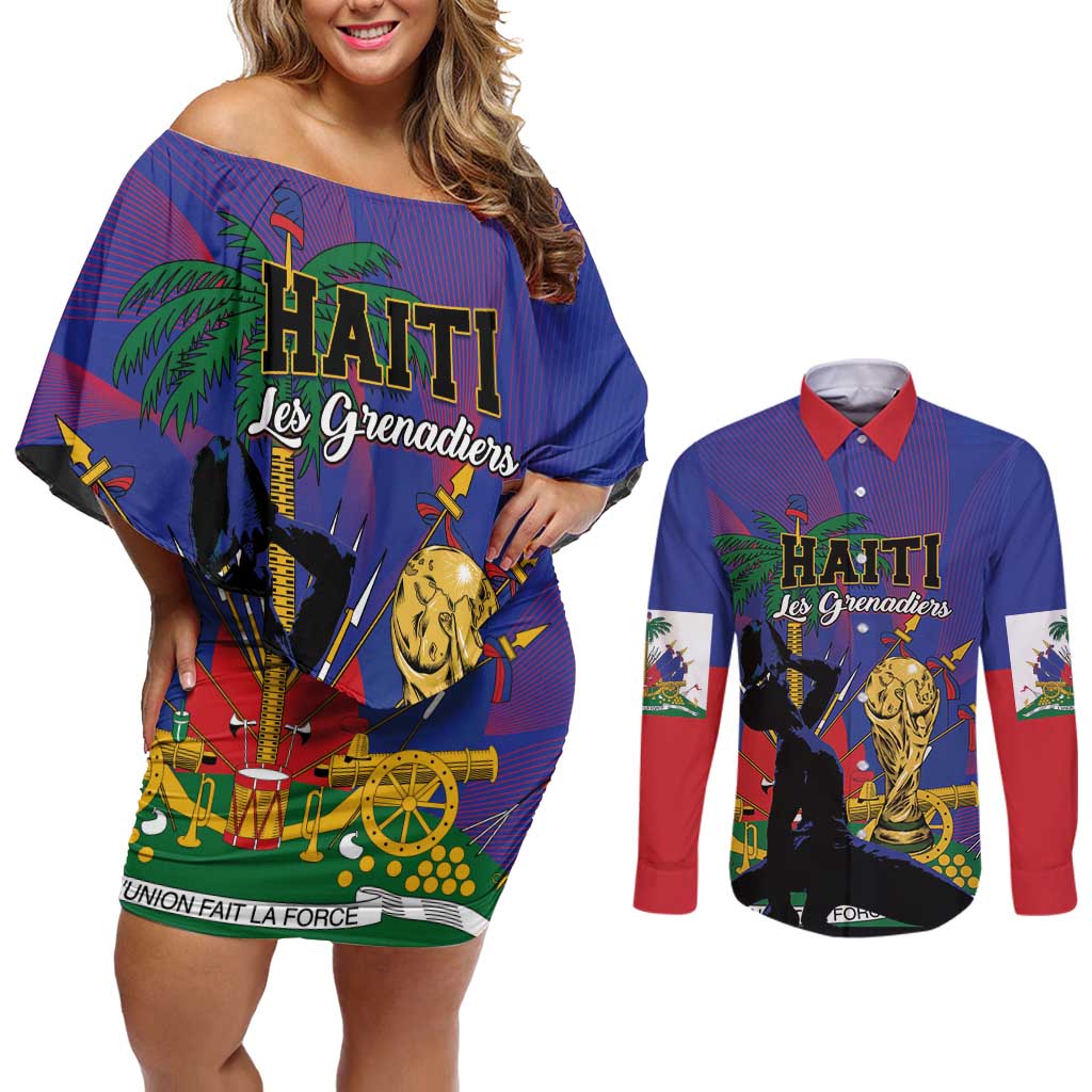 Custom Haiti World Football 2026 Couples Matching Off Shoulder Short Dress and Long Sleeve Button Shirt Go Les Grenadiers - Wonder Print Shop