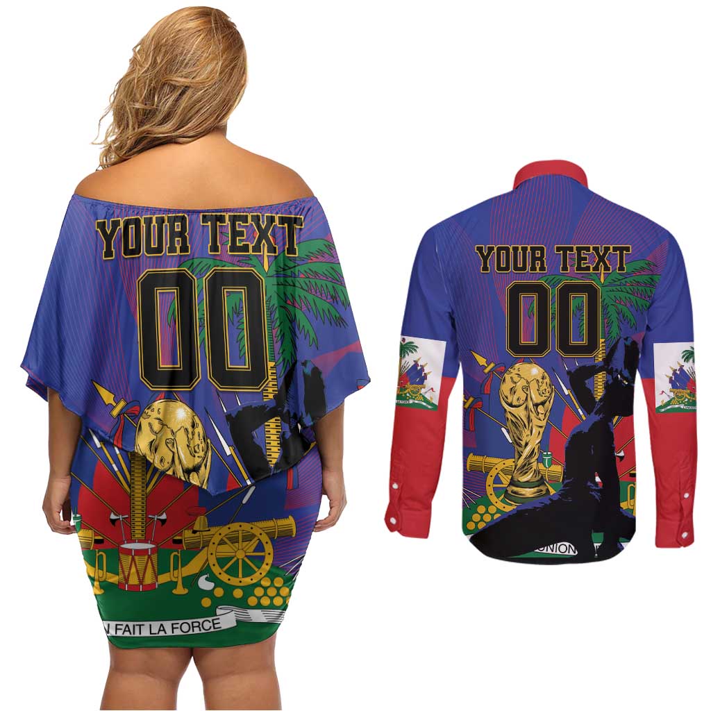 Custom Haiti World Football 2026 Couples Matching Off Shoulder Short Dress and Long Sleeve Button Shirt Go Les Grenadiers - Wonder Print Shop