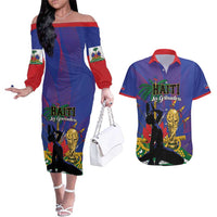 Custom Haiti World Football 2026 Couples Matching Off The Shoulder Long Sleeve Dress and Hawaiian Shirt Go Les Grenadiers - Wonder Print Shop