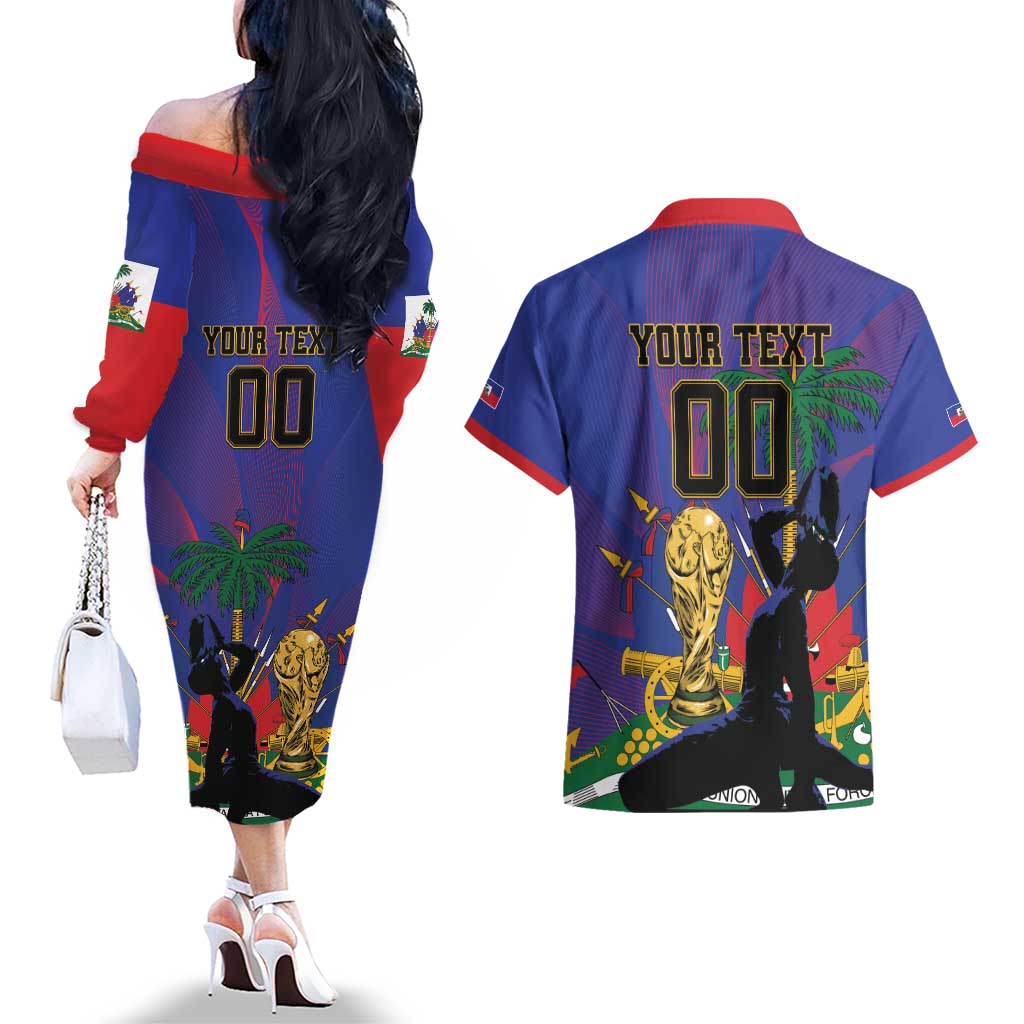 Custom Haiti World Football 2026 Couples Matching Off The Shoulder Long Sleeve Dress and Hawaiian Shirt Go Les Grenadiers - Wonder Print Shop