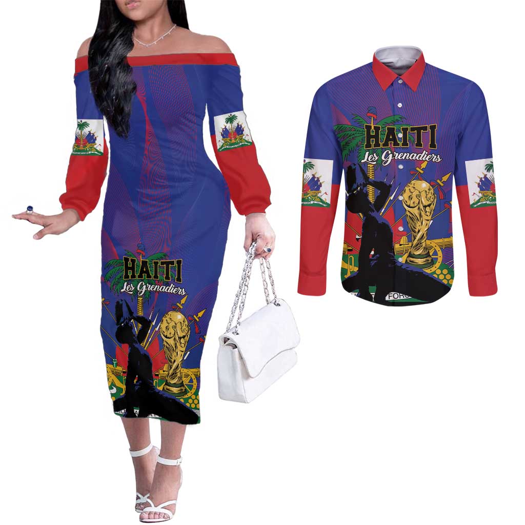Custom Haiti World Football 2026 Couples Matching Off The Shoulder Long Sleeve Dress and Long Sleeve Button Shirt Go Les Grenadiers - Wonder Print Shop