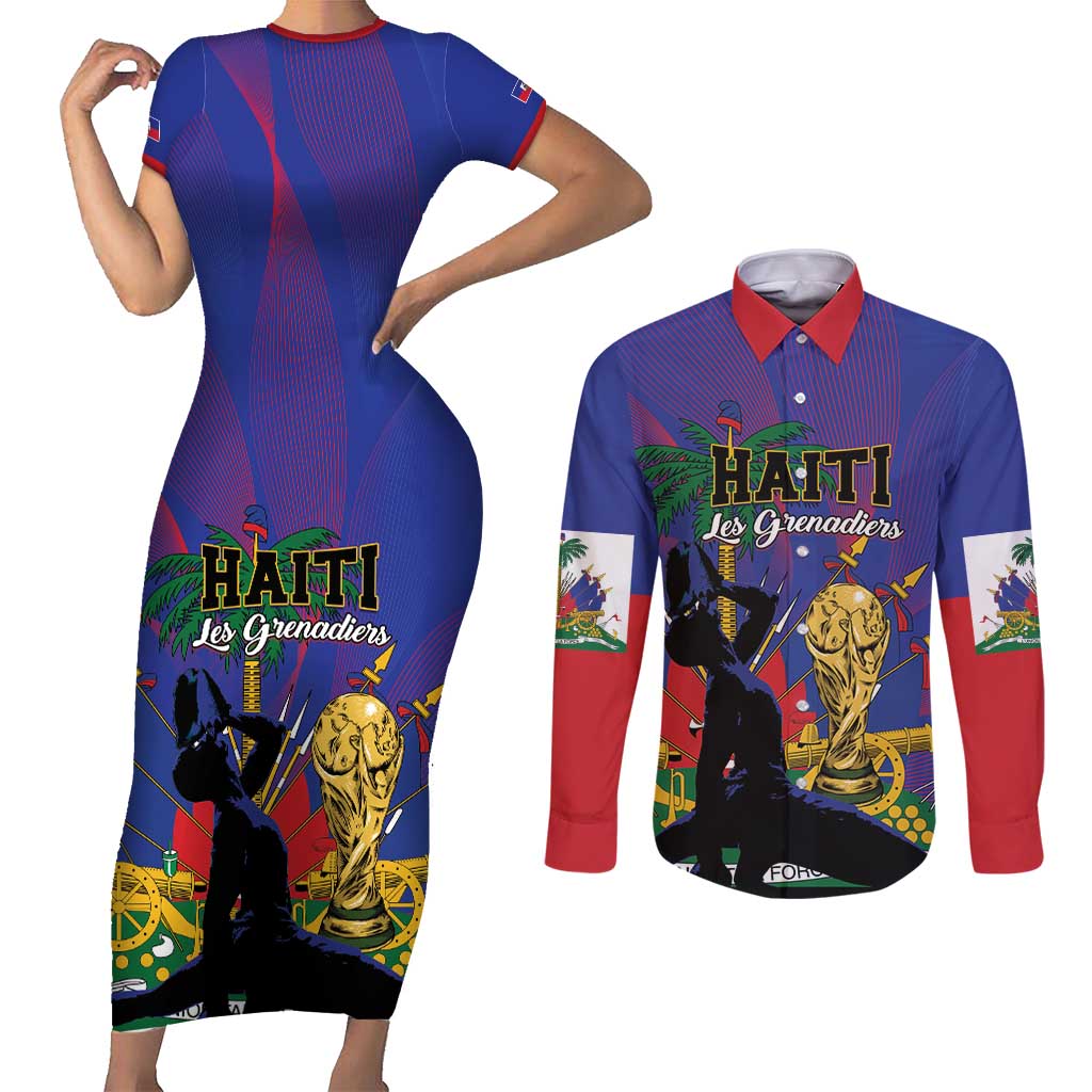 Custom Haiti World Football 2026 Couples Matching Short Sleeve Bodycon Dress and Long Sleeve Button Shirt Go Les Grenadiers - Wonder Print Shop