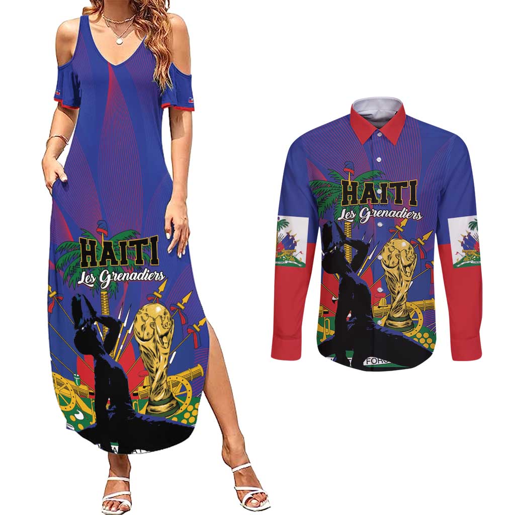 Custom Haiti World Football 2026 Couples Matching Summer Maxi Dress and Long Sleeve Button Shirt Go Les Grenadiers - Wonder Print Shop