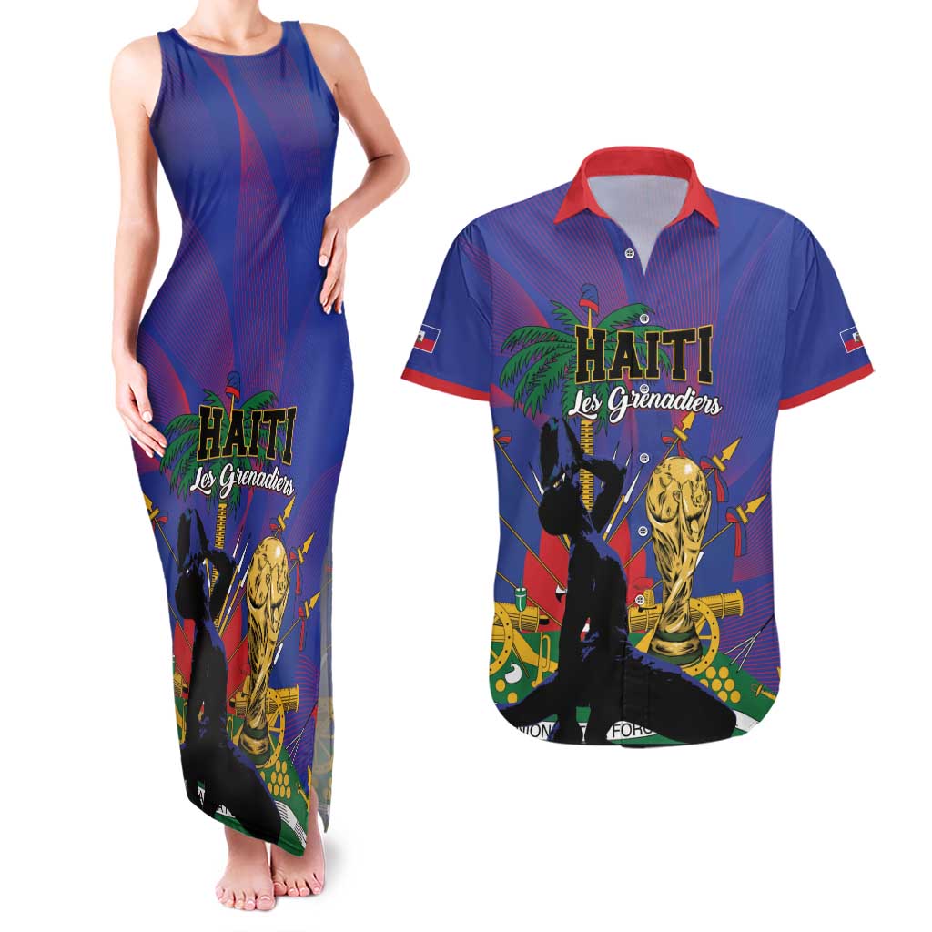 Custom Haiti World Football 2026 Couples Matching Tank Maxi Dress and Hawaiian Shirt Go Les Grenadiers - Wonder Print Shop