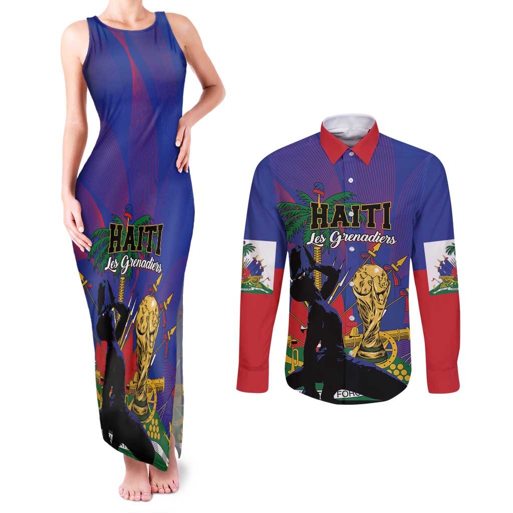 Custom Haiti World Football 2026 Couples Matching Tank Maxi Dress and Long Sleeve Button Shirt Go Les Grenadiers - Wonder Print Shop