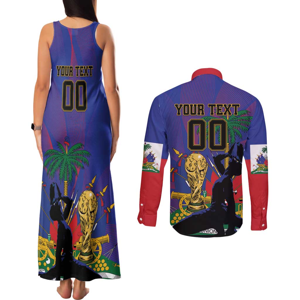 Custom Haiti World Football 2026 Couples Matching Tank Maxi Dress and Long Sleeve Button Shirt Go Les Grenadiers - Wonder Print Shop