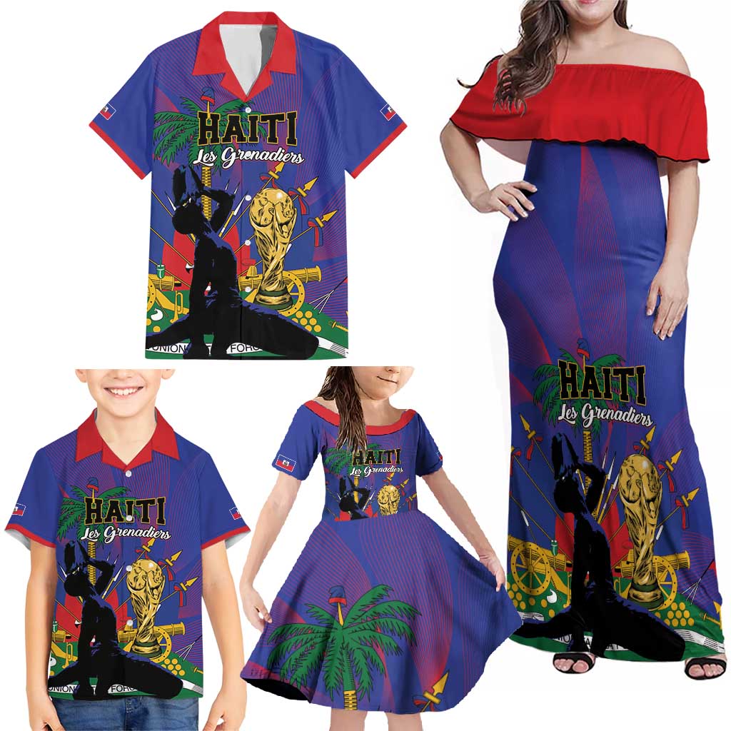 Custom Haiti World Football 2026 Family Matching Off Shoulder Maxi Dress and Hawaiian Shirt Go Les Grenadiers - Wonder Print Shop