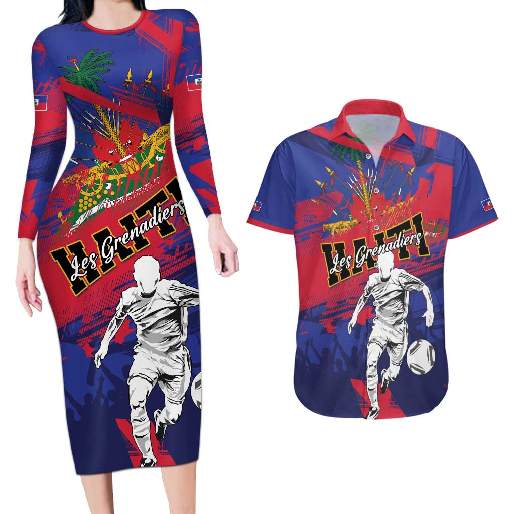 Custom Ekip Foutbol Ayiti 2026 Couples Matching Long Sleeve Bodycon Dress and Hawaiian Shirt Haiti Grenadye Alaso - Wonder Print Shop
