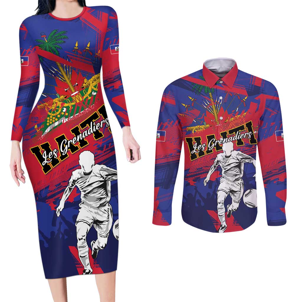Custom Ekip Foutbol Ayiti 2026 Couples Matching Long Sleeve Bodycon Dress and Long Sleeve Button Shirt Haiti Grenadye Alaso - Wonder Print Shop