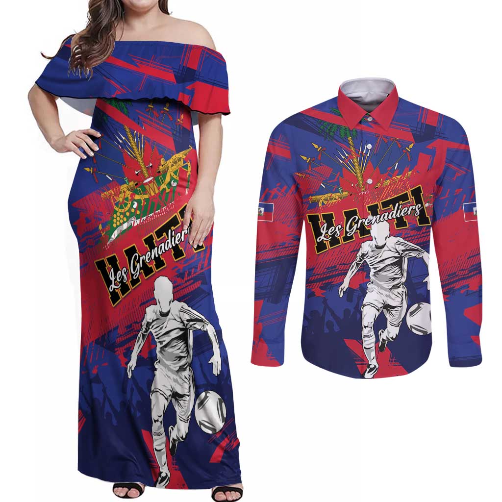 Custom Ekip Foutbol Ayiti 2026 Couples Matching Off Shoulder Maxi Dress and Long Sleeve Button Shirt Haiti Grenadye Alaso - Wonder Print Shop