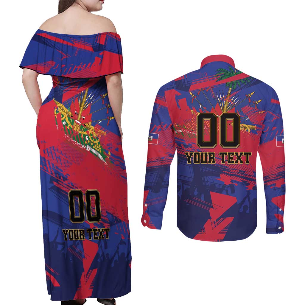 Custom Ekip Foutbol Ayiti 2026 Couples Matching Off Shoulder Maxi Dress and Long Sleeve Button Shirt Haiti Grenadye Alaso - Wonder Print Shop