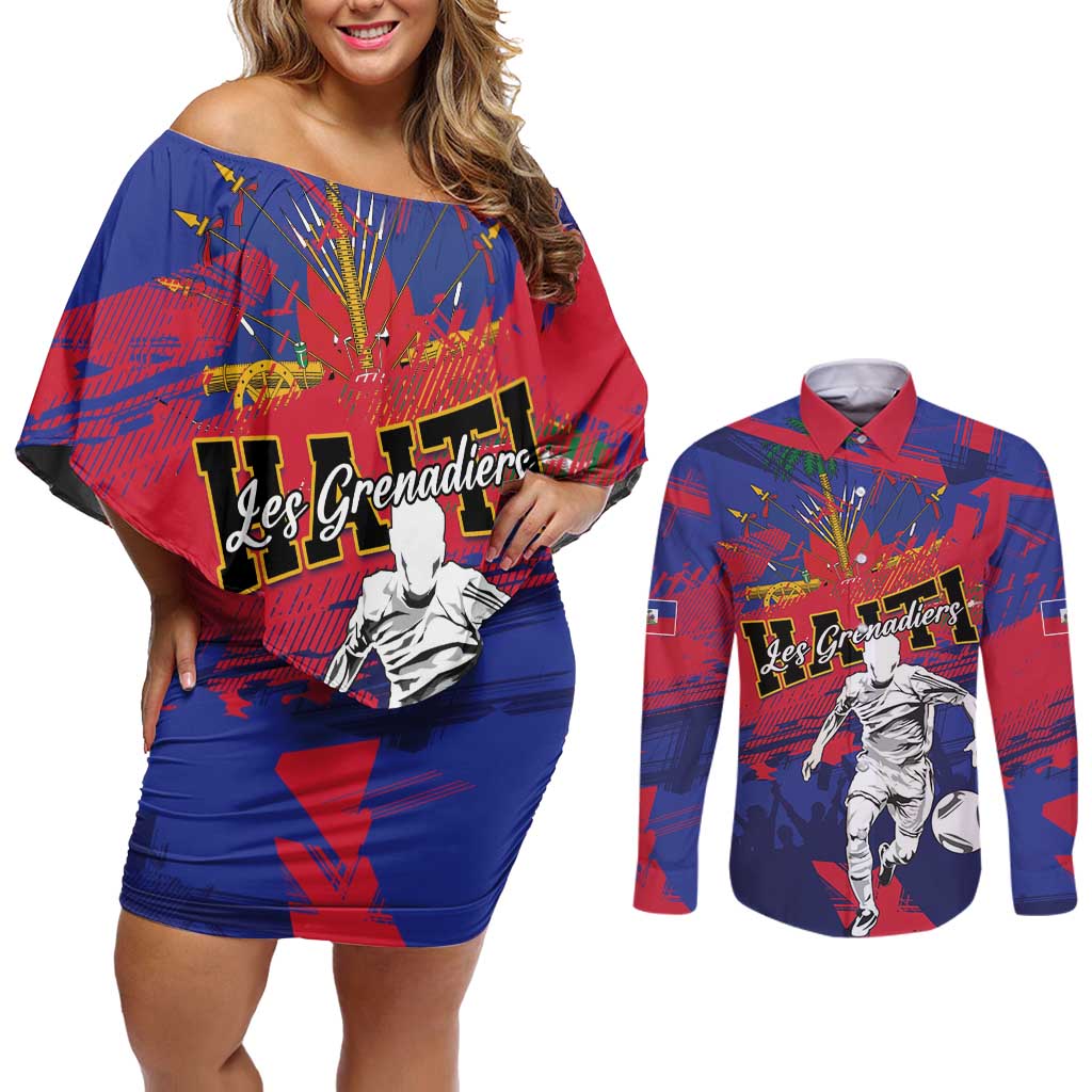 Custom Ekip Foutbol Ayiti 2026 Couples Matching Off Shoulder Short Dress and Long Sleeve Button Shirt Haiti Grenadye Alaso - Wonder Print Shop