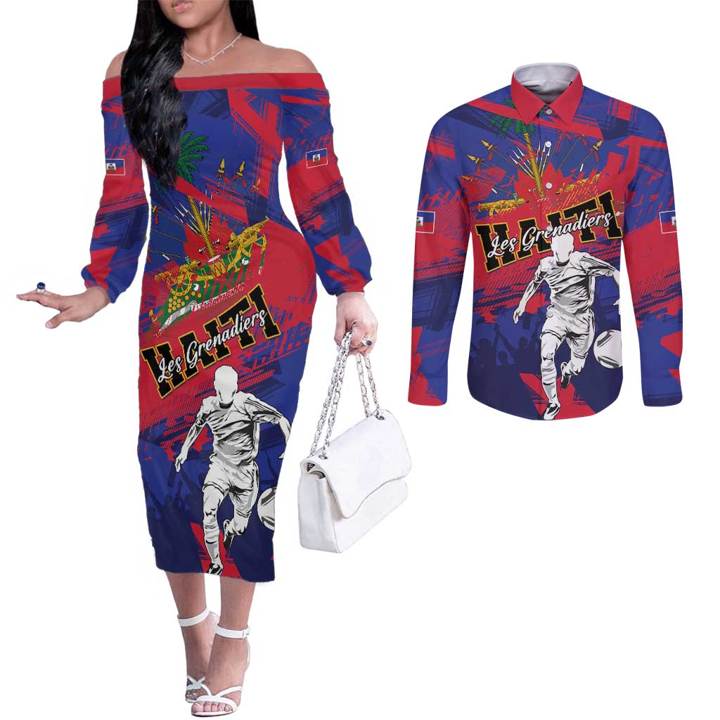 Custom Ekip Foutbol Ayiti 2026 Couples Matching Off The Shoulder Long Sleeve Dress and Long Sleeve Button Shirt Haiti Grenadye Alaso - Wonder Print Shop