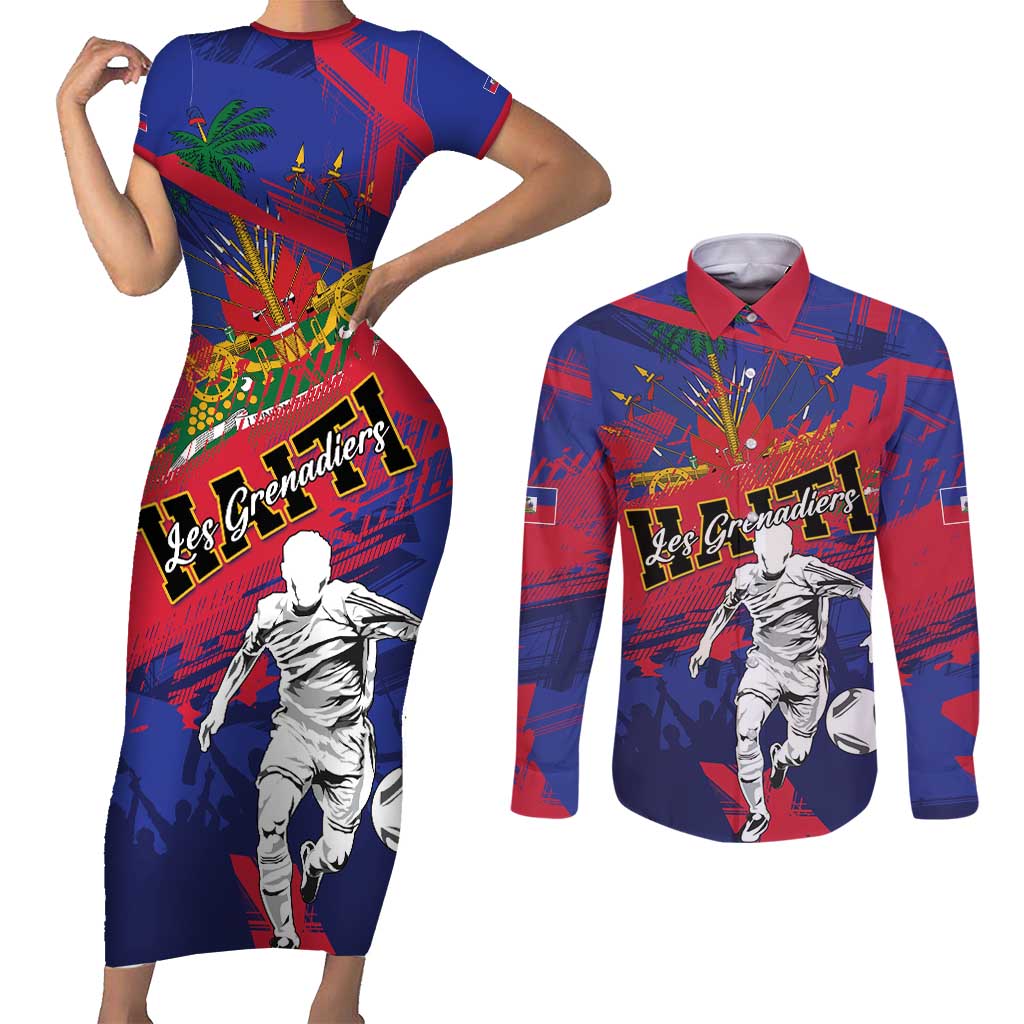 Custom Ekip Foutbol Ayiti 2026 Couples Matching Short Sleeve Bodycon Dress and Long Sleeve Button Shirt Haiti Grenadye Alaso - Wonder Print Shop