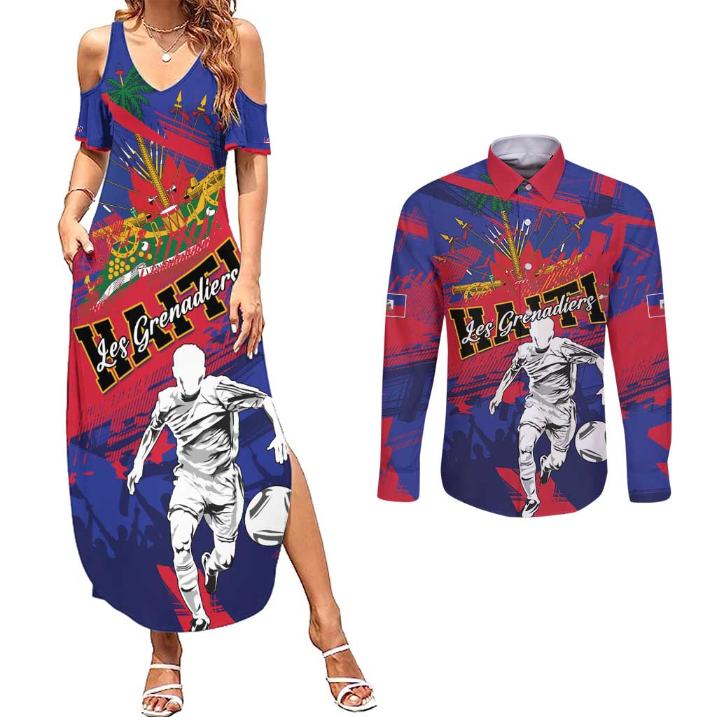 Custom Ekip Foutbol Ayiti 2026 Couples Matching Summer Maxi Dress and Long Sleeve Button Shirt Haiti Grenadye Alaso - Wonder Print Shop