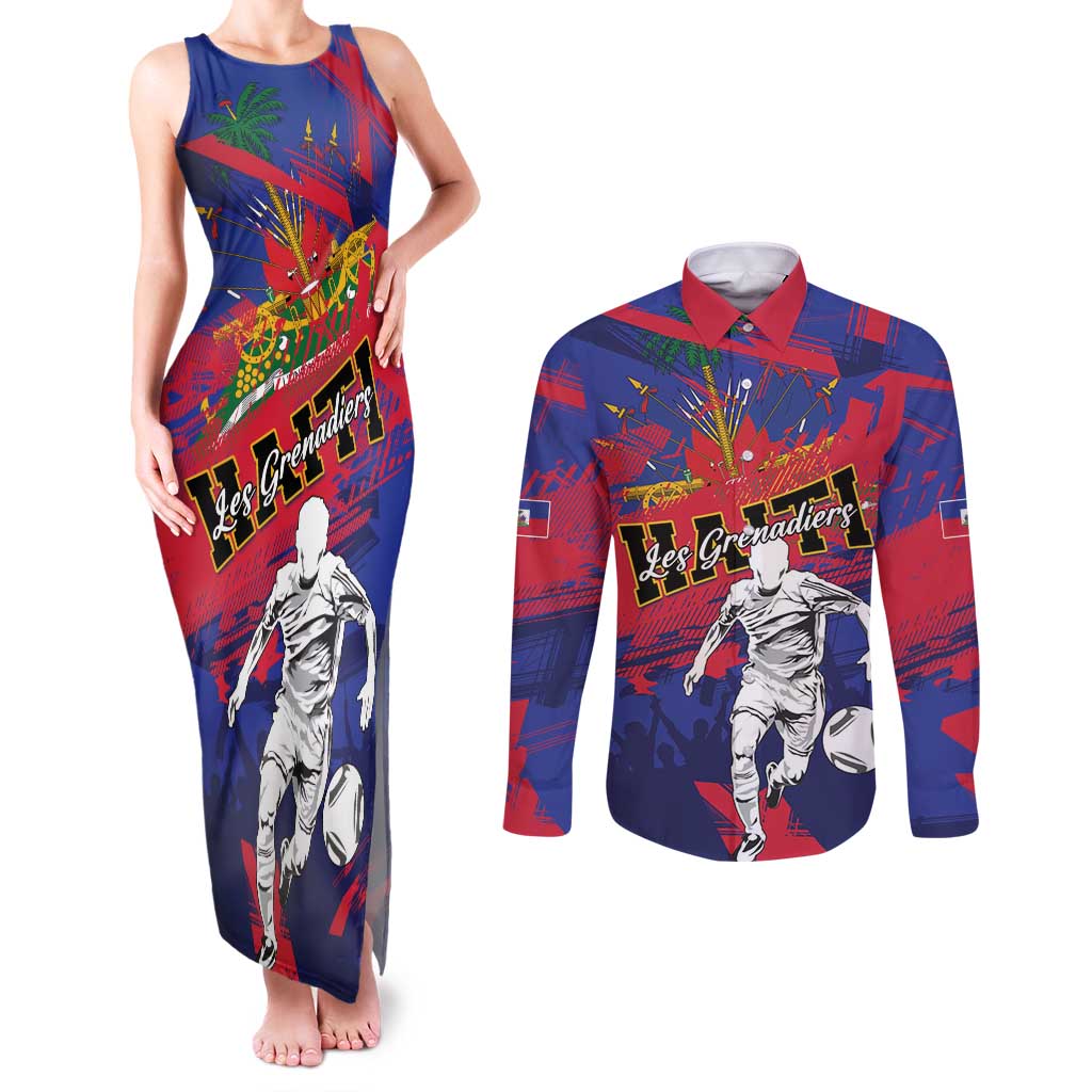 Custom Ekip Foutbol Ayiti 2026 Couples Matching Tank Maxi Dress and Long Sleeve Button Shirt Haiti Grenadye Alaso - Wonder Print Shop