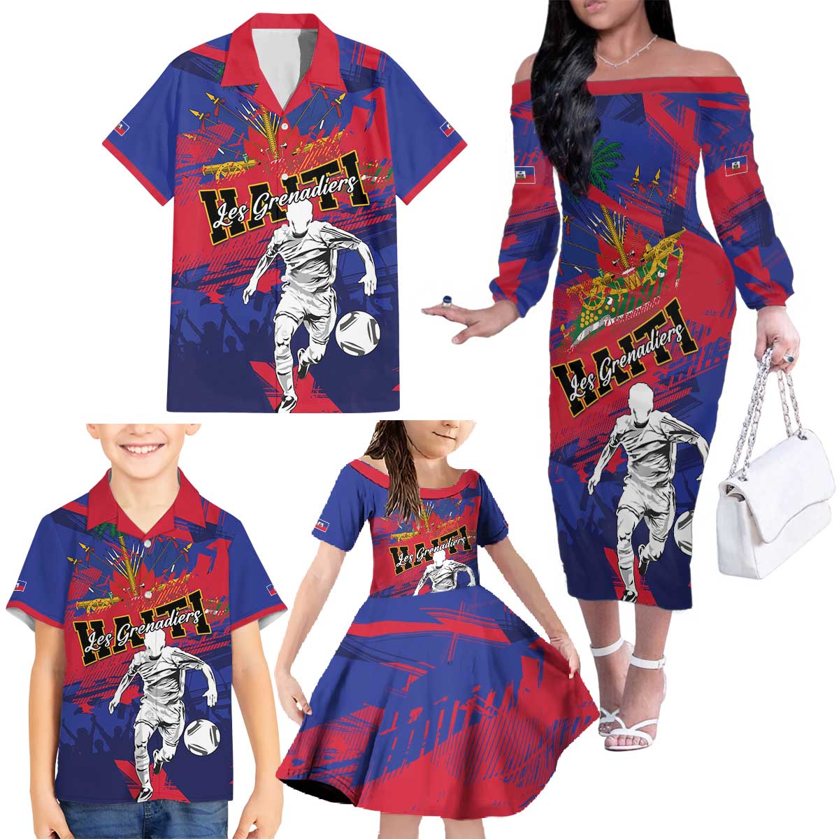 Custom Ekip Foutbol Ayiti 2026 Family Matching Off The Shoulder Long Sleeve Dress and Hawaiian Shirt Haiti Grenadye Alaso - Wonder Print Shop