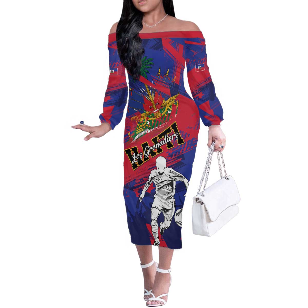 Custom Ekip Foutbol Ayiti 2026 Family Matching Off The Shoulder Long Sleeve Dress and Hawaiian Shirt Haiti Grenadye Alaso - Wonder Print Shop