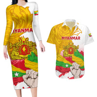 Myanmar Independence Day Couples Matching Long Sleeve Bodycon Dress and Hawaiian Shirt Brahmadesh Kanote Pattern - Wonder Print Shop