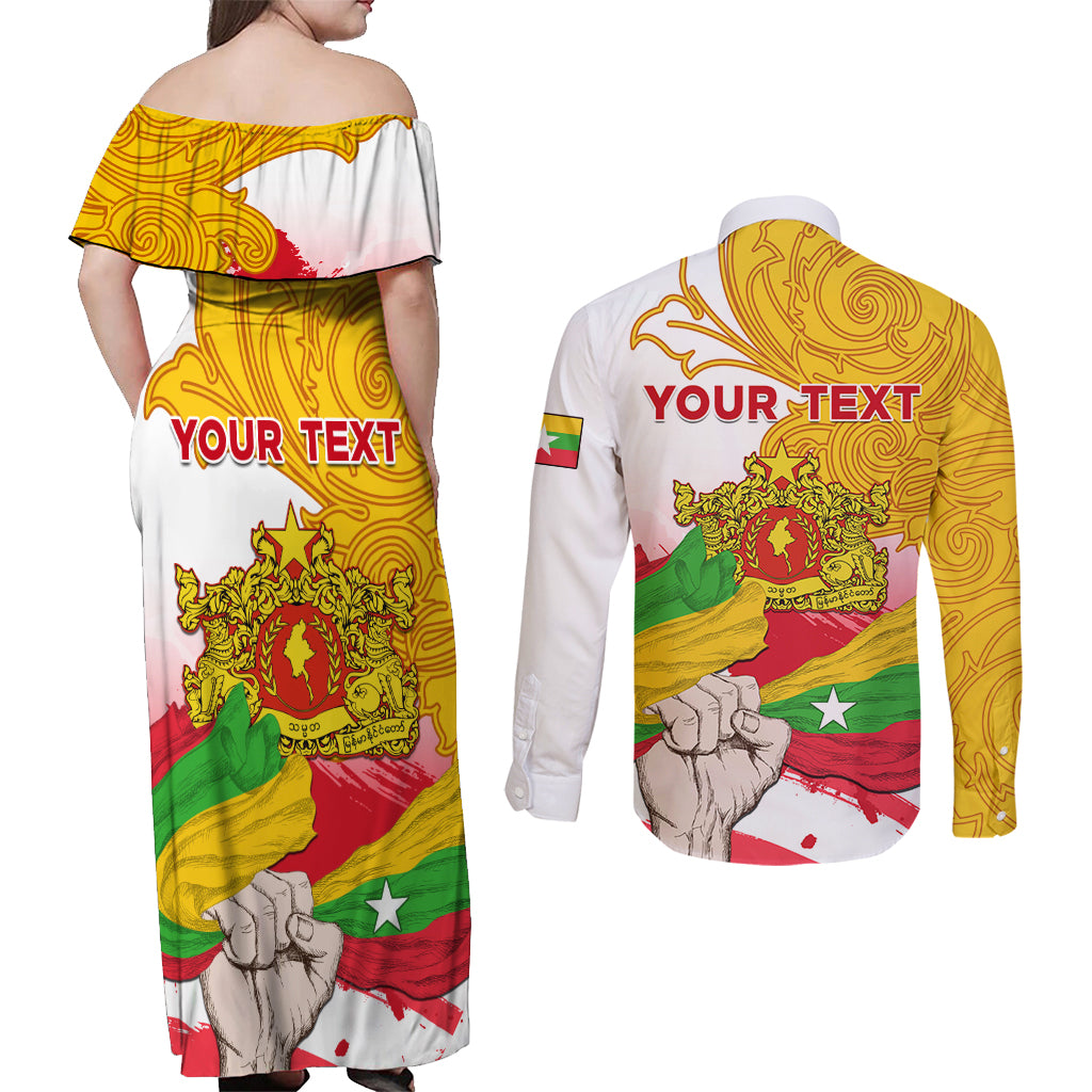 Myanmar Independence Day Couples Matching Off Shoulder Maxi Dress and Long Sleeve Button Shirt Brahmadesh Kanote Pattern - Wonder Print Shop