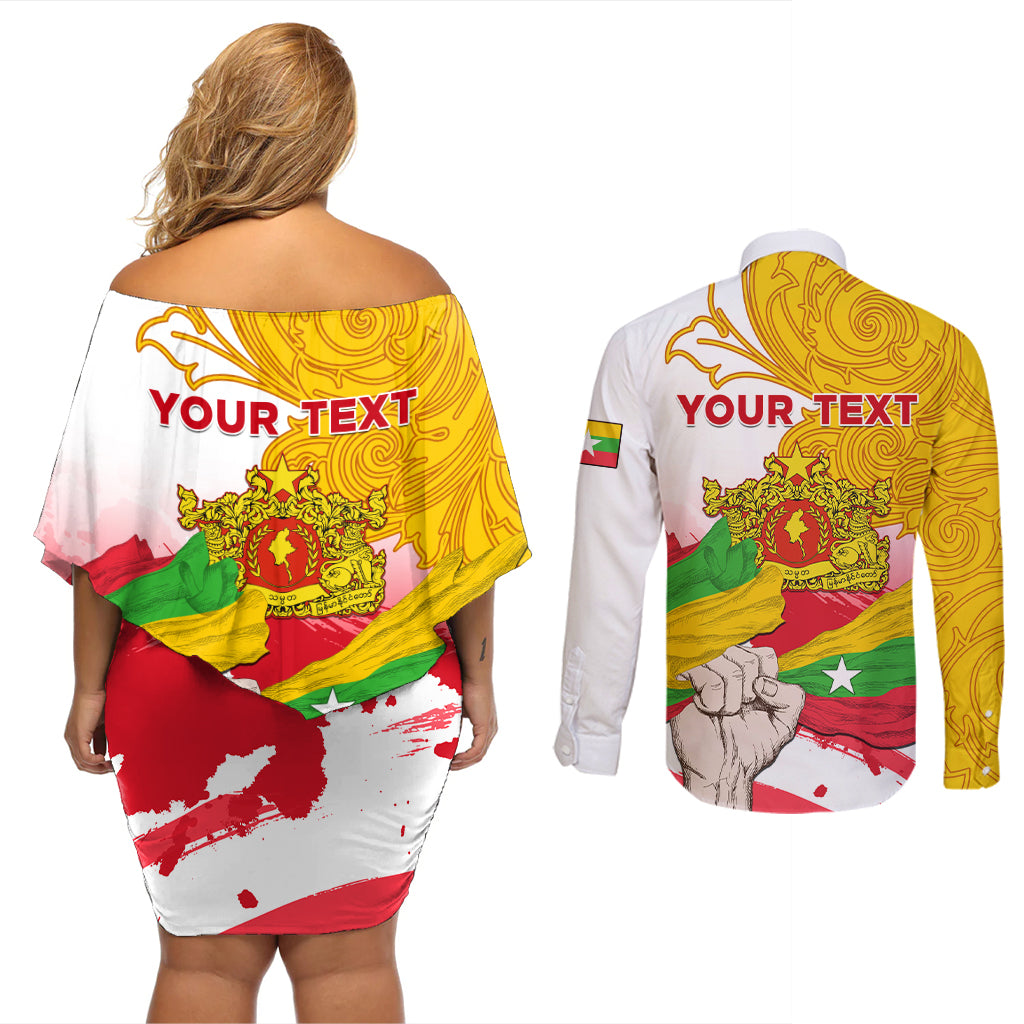 Myanmar Independence Day Couples Matching Off Shoulder Short Dress and Long Sleeve Button Shirt Brahmadesh Kanote Pattern - Wonder Print Shop
