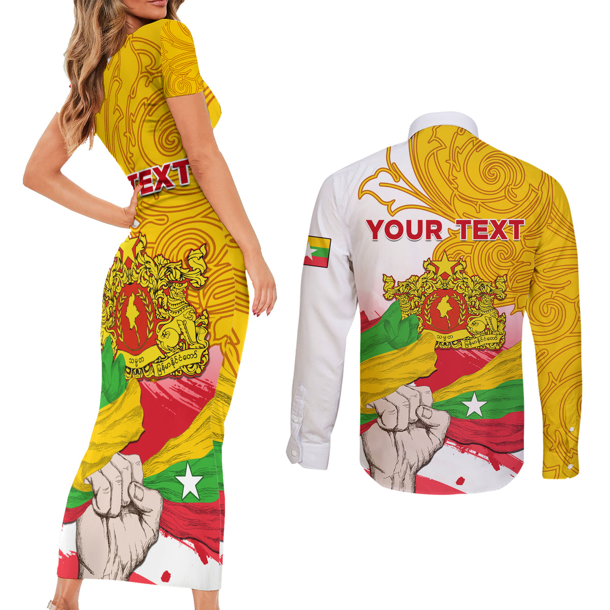 Myanmar Independence Day Couples Matching Short Sleeve Bodycon Dress and Long Sleeve Button Shirt Brahmadesh Kanote Pattern - Wonder Print Shop