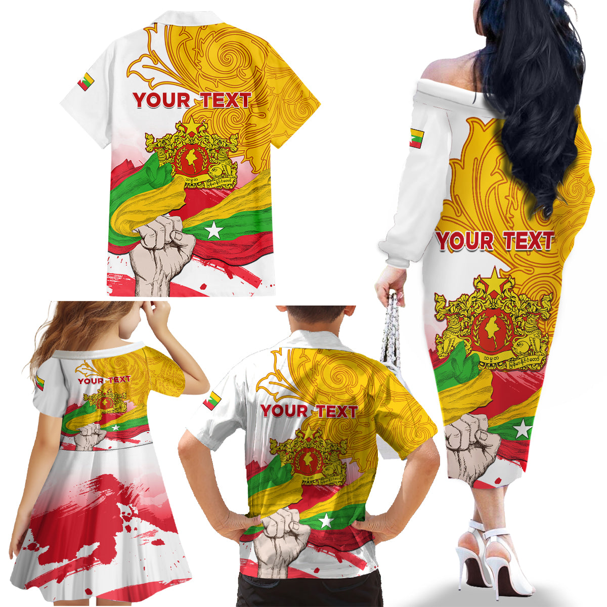 Myanmar Independence Day Family Matching Off Shoulder Long Sleeve Dress and Hawaiian Shirt Brahmadesh Kanote Pattern - Wonder Print Shop