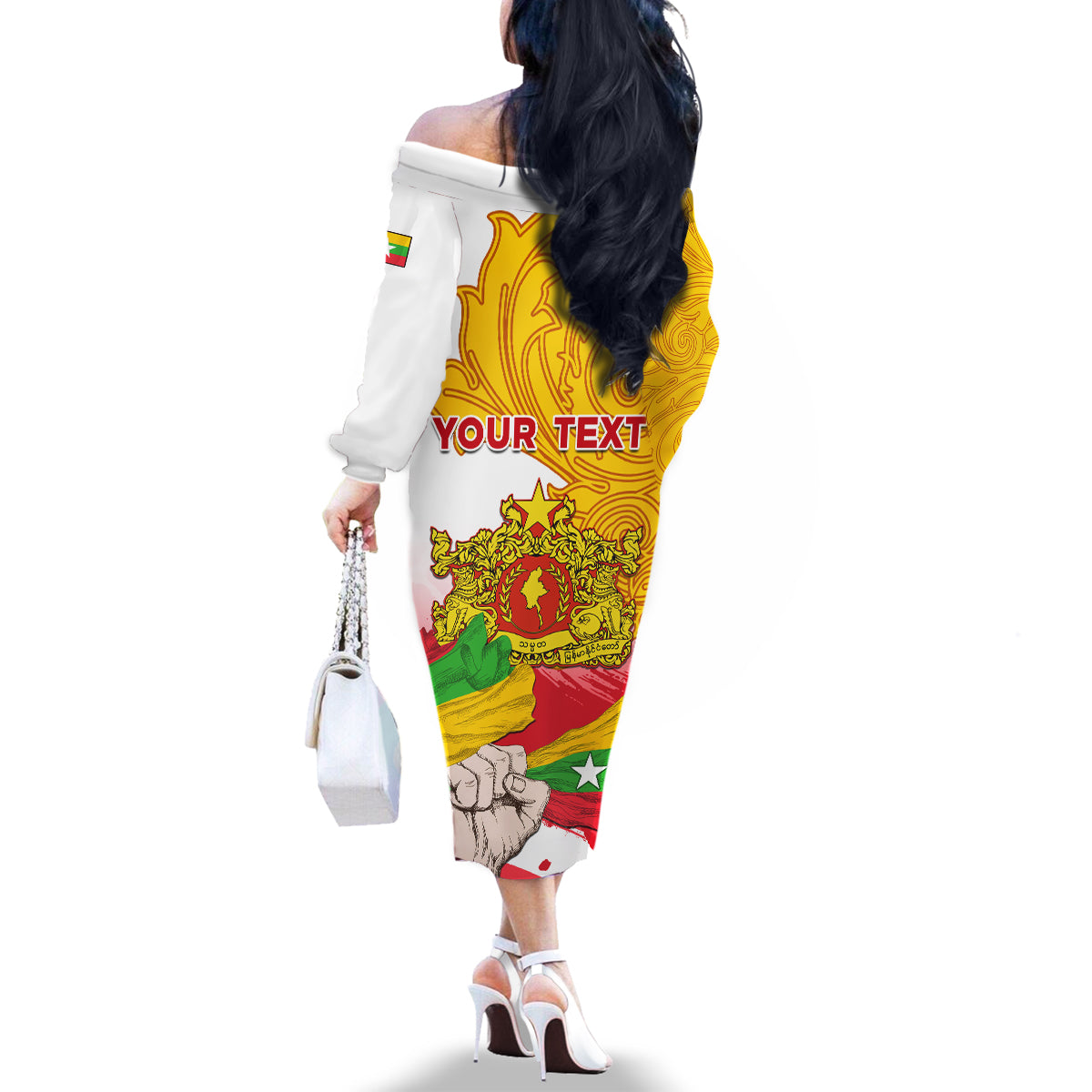 Myanmar Independence Day Family Matching Off Shoulder Long Sleeve Dress and Hawaiian Shirt Brahmadesh Kanote Pattern - Wonder Print Shop