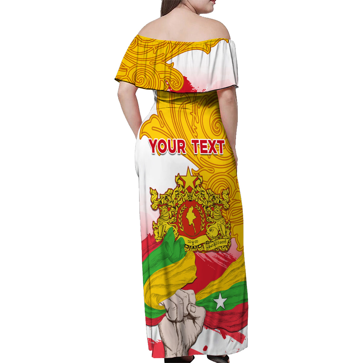 Myanmar Independence Day Family Matching Off Shoulder Maxi Dress and Hawaiian Shirt Brahmadesh Kanote Pattern - Wonder Print Shop