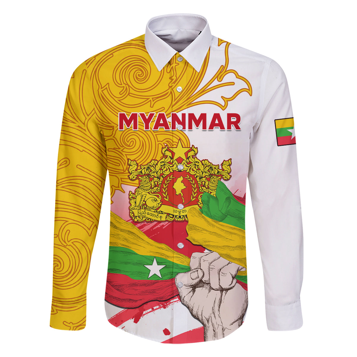 Myanmar Independence Day Family Matching Off Shoulder Short Dress and Hawaiian Shirt Brahmadesh Kanote Pattern - Wonder Print Shop