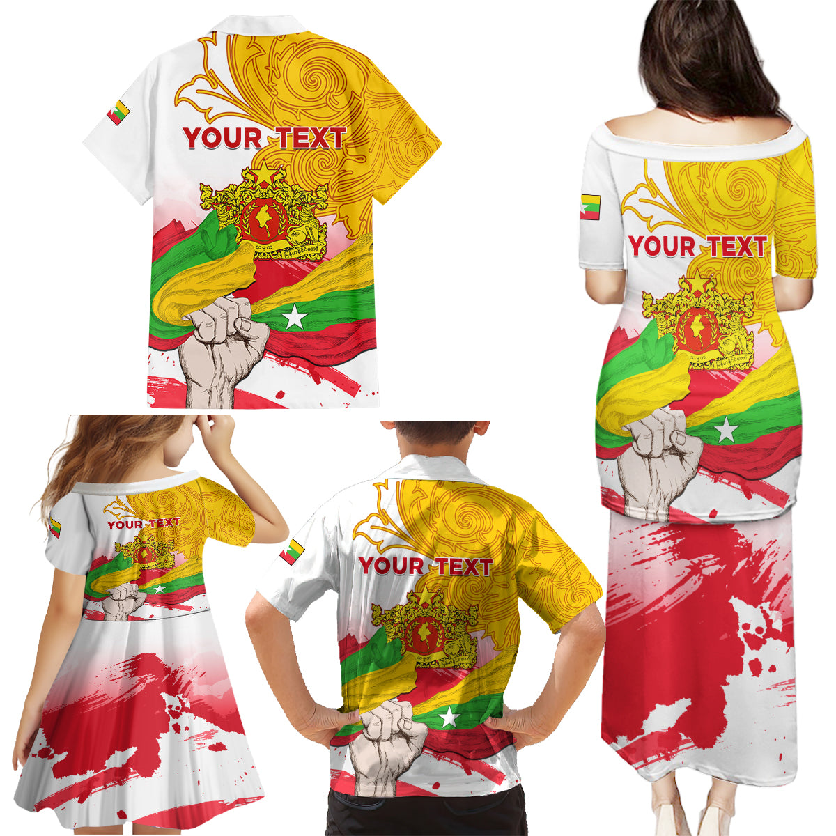 Myanmar Independence Day Family Matching Puletasi and Hawaiian Shirt Brahmadesh Kanote Pattern - Wonder Print Shop