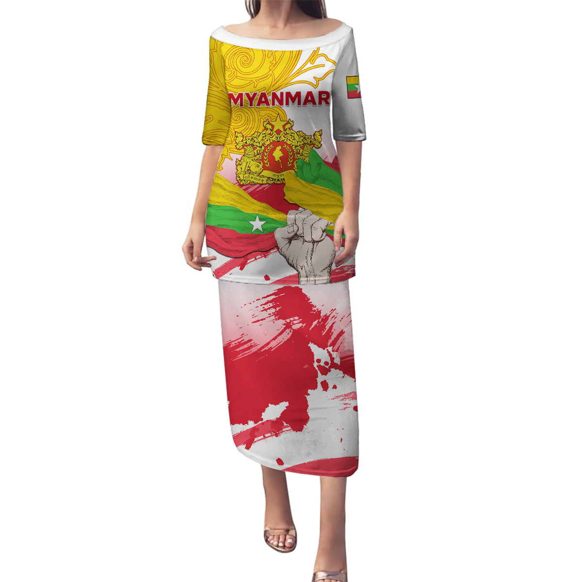 Myanmar Independence Day Family Matching Puletasi and Hawaiian Shirt Brahmadesh Kanote Pattern - Wonder Print Shop