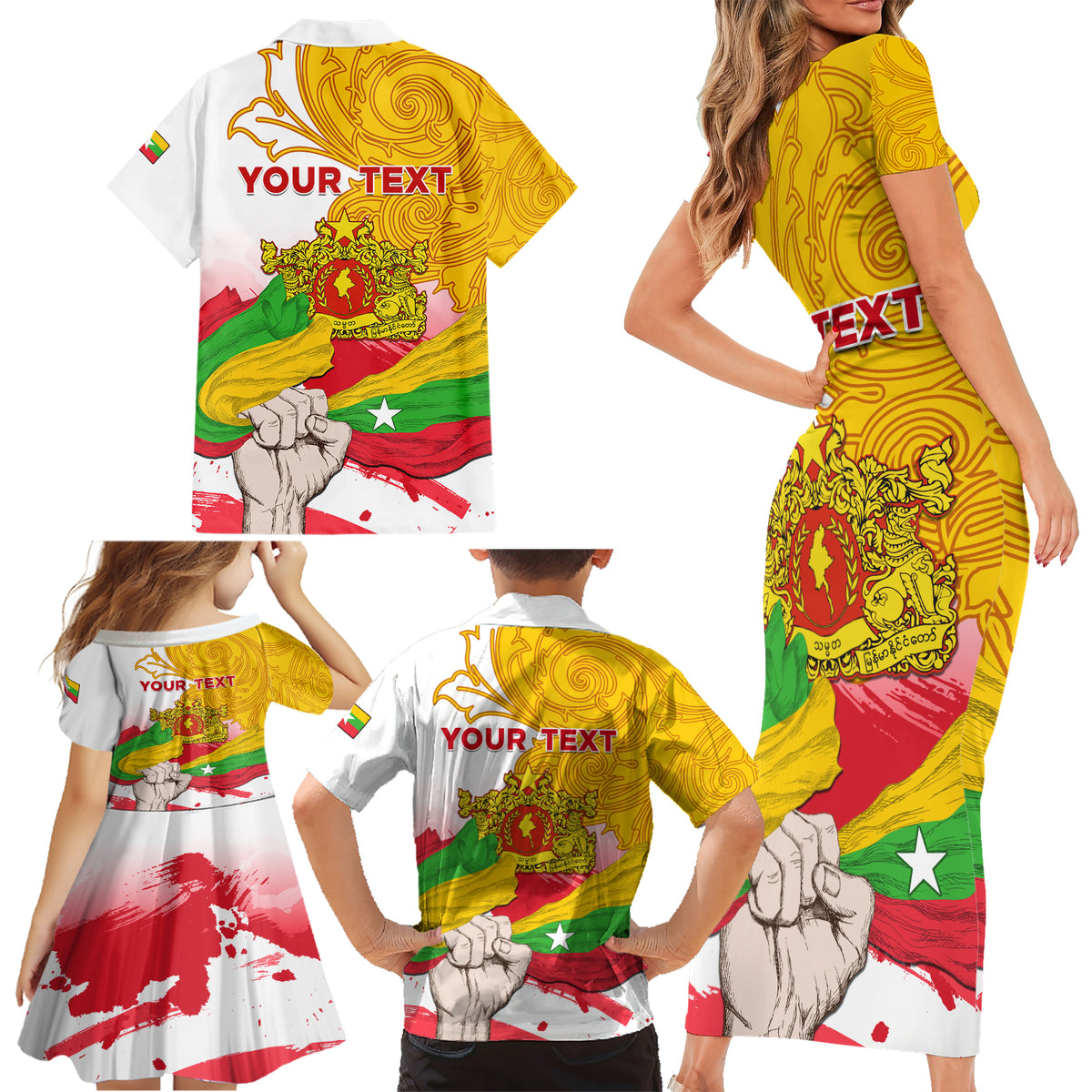 Myanmar Independence Day Family Matching Short Sleeve Bodycon Dress and Hawaiian Shirt Brahmadesh Kanote Pattern - Wonder Print Shop