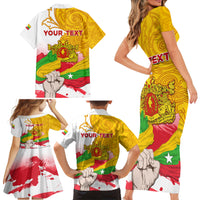 Myanmar Independence Day Family Matching Short Sleeve Bodycon Dress and Hawaiian Shirt Brahmadesh Kanote Pattern - Wonder Print Shop