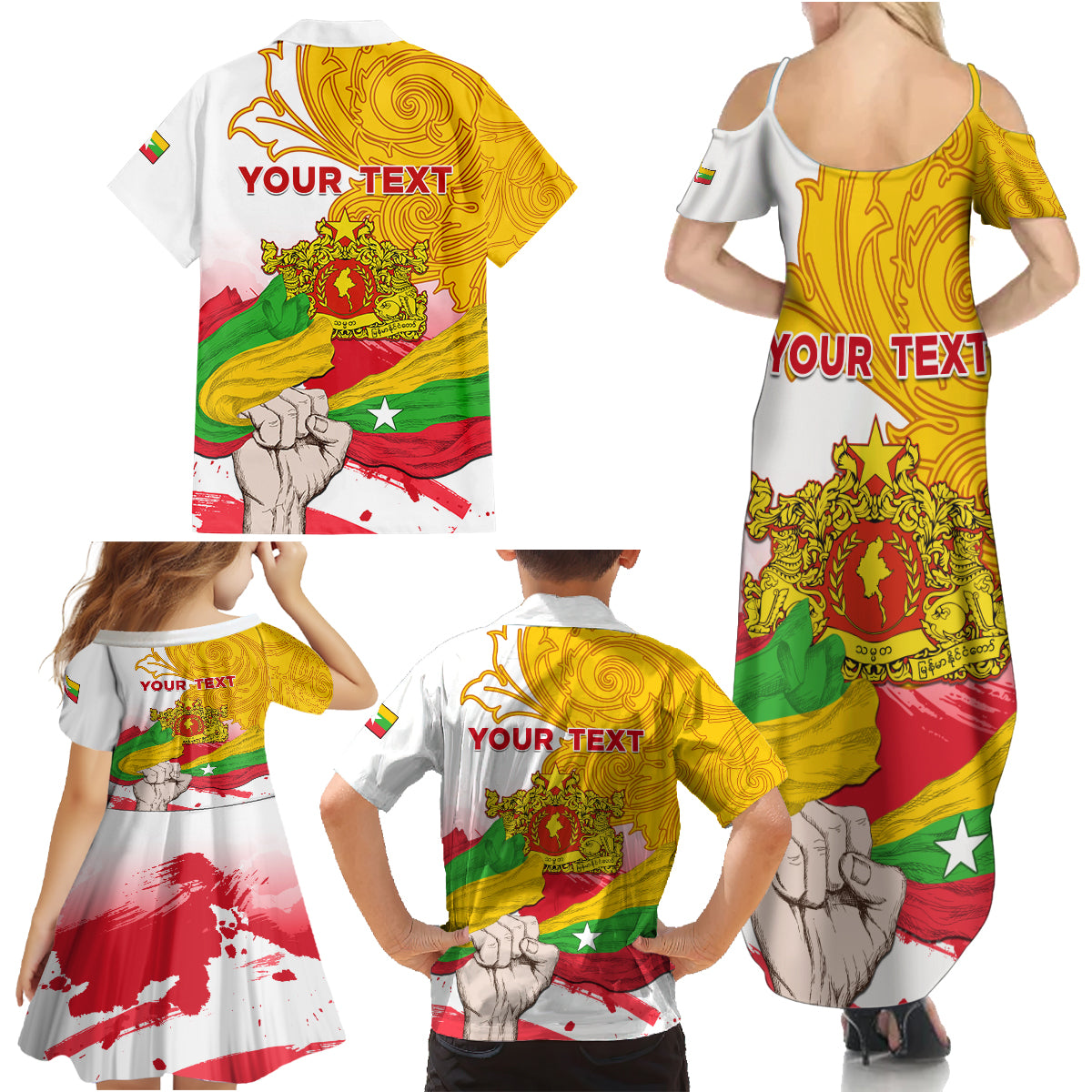 Myanmar Independence Day Family Matching Summer Maxi Dress and Hawaiian Shirt Brahmadesh Kanote Pattern - Wonder Print Shop